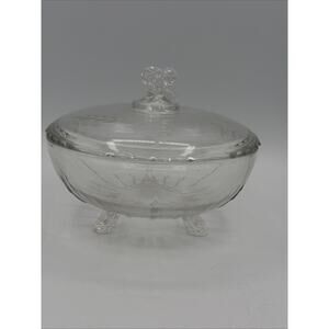 Vintage Footed Cut Glass Candy Dish Covered Bowl With Lid Clear Harvest Wheat